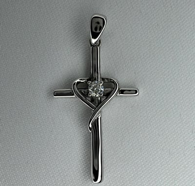 Sterling Silver Cross with Heart Moissanite Pendant