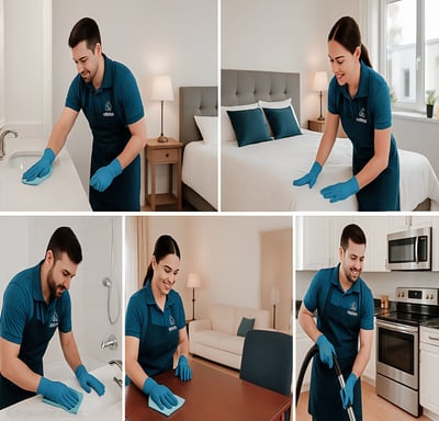NexaPro team performing standard home cleaning in bedroom, kitchen, and bathroom