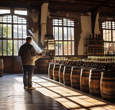 a man standing in a room with barrels of balsamic vinegar