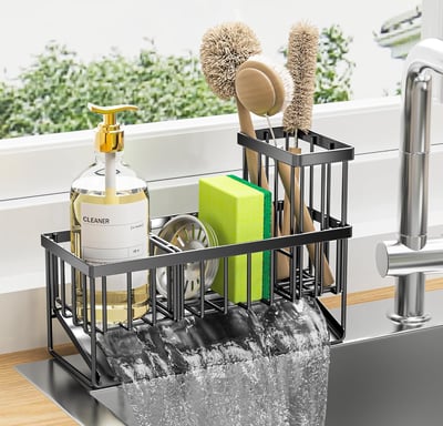 Cisily Sponge Holder for Kitchen Sink, Sink Caddy with High Brush Holder, Kitchen Sink Organizer Cou