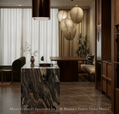 Dark stone flooring creating a sophisticated ambiance in a Dubai living area.
