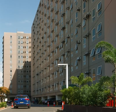 a large building with many windows and cars parked in front of it