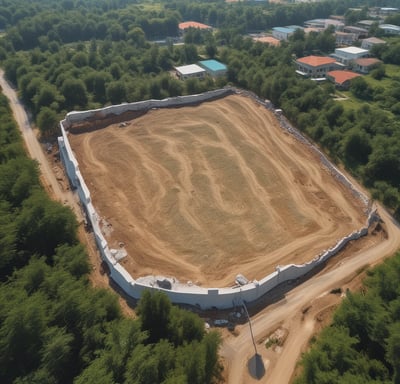 A construction site with a large unfinished building under development. In the forefront, there's a blue temporary office or trailer set against the backdrop of a green lawn. A crane towers in the background, indicating ongoing construction activities.