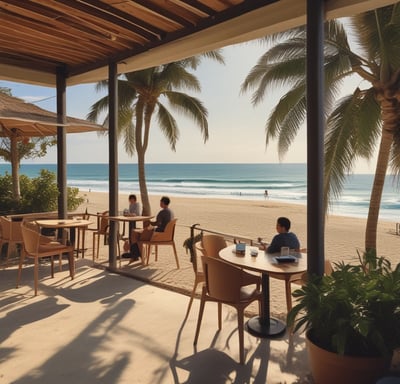 A seaside resort with people relaxing on a wooden deck featuring white cushioned furniture and tables. In the background, the ocean is visible along with a rocky cliff and clear sky. The setting appears leisurely, with palm trees dotting the area.