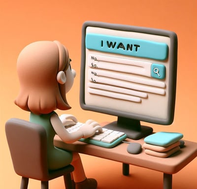 a cartoonish character sitting at a computer desk