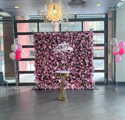 pink rose flower wall for a birthday celebration downtown Toronto