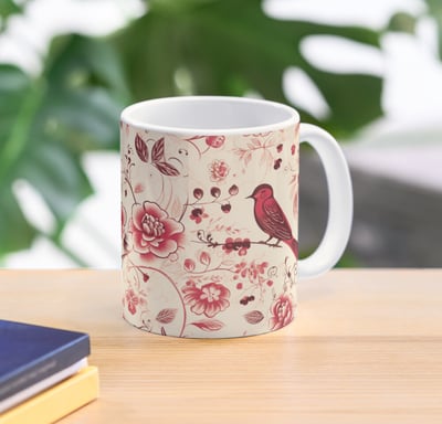 mug floral avec des oiseaux