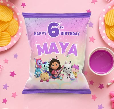 gabby's dollhouse pink and purple chip bag party favor
