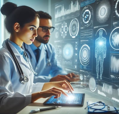 doctors watching a augmented reality screen with data analitics