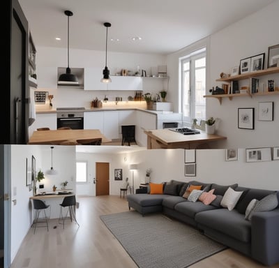 The image features modern architectural design with multiple levels of wooden slatted panels forming a staircase. The interior is spacious with large windows allowing natural light to illuminate the area. The wooden textures create a warm atmosphere, and the open layout presents a clean, minimalist style.