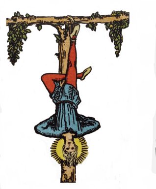 Tarot Hanged Man a male suspended upside donw from a t-shaped branch.