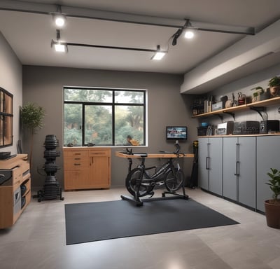 A cluttered storage area with shelves filled with various items such as cleaning products, cans, and boxes. On the floor are stacked cardboard boxes, plastic bins, and a bicycle. The ceiling is partially open, showing wooden beams. A fan is also visible among the items.