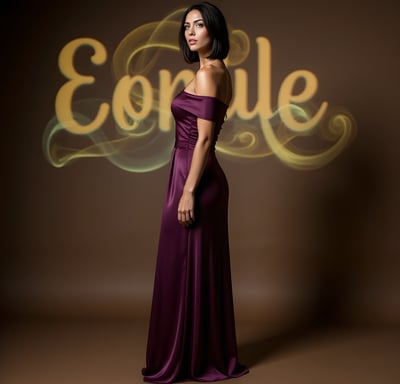 Vivienne Vale in a plum gown stands poised before golden script on a warm-toned backdrop.