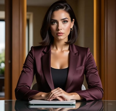 Vivienne Vale in a plum blazer sits confidently at a glass desk with a tablet before her.