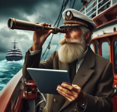 Le capitaine d'un navire regarde vers le large dans une longue vue et avec une tablette à la main