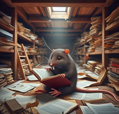 Dans une bibliothèque, une taupe est plongée dans la lecture