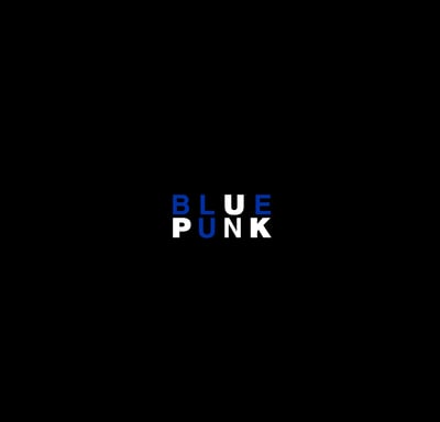 a black and white photo of a blue and white text that says blue punk