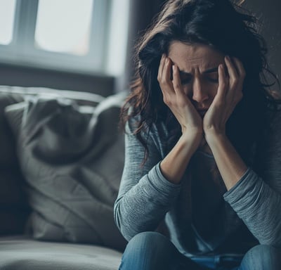 a woman sitting on a couch with her hands on her head