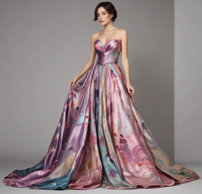 Femme debout en robe de soirée en soie de plusieurs couleurs à dominance rose