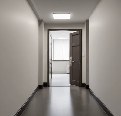 a long hallway with doors leading to another room