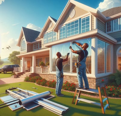a man and woman are window tinting a house
