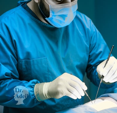 a man in a blue shirt and gloves is doing surgery