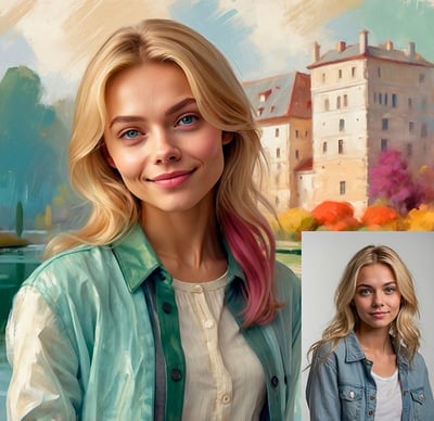 Portrait photo transformed into a woman with blonde hair and a blue jacket