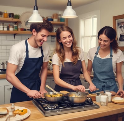 A group of people are engaged in cooking, surrounded by green plants and brick walls. Some are preparing food at a counter with pots and ingredients, while one person is operating a rotating grill. The atmosphere is casual and cooperative, with sunlight filtering through the space.