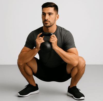 a man in a black shirt is squatting on a kettlebell