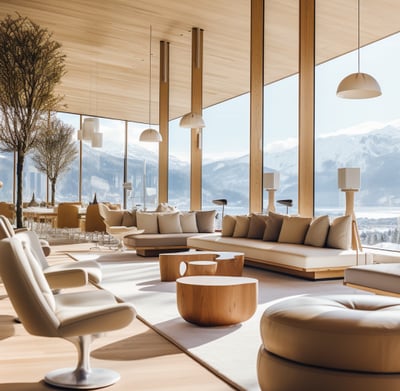 sunlit lounge area of a pet-friendly hotel in the Alps