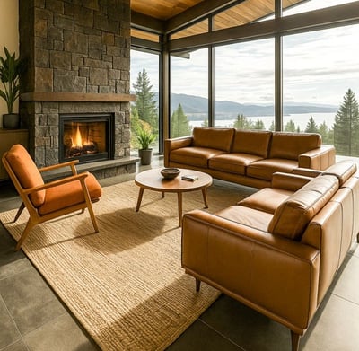 Mid-century living room with leather sofa set, wood ceiling, stone fireplace, and scenic windows.