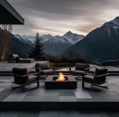 patio and fire pit of an eco-friendly rental in the Alps