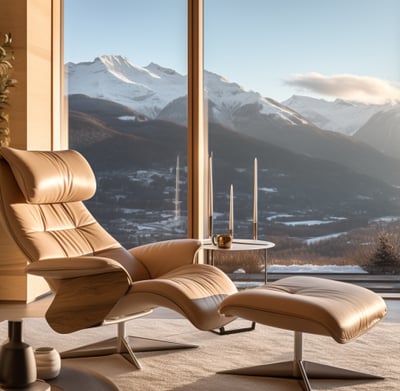 an accent chair in the living area of a villa in the Alps