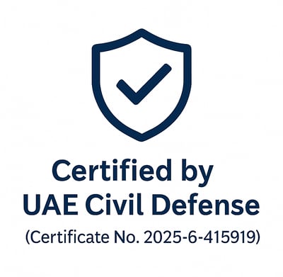 Certified by UAE Civil Defense badge with certificate number