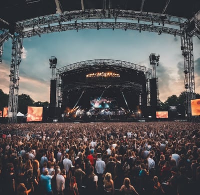 A large outdoor music festival at night features a stage with bright lights and a video screen displaying a musician. People in the crowd are silhouetted against the colorful lights, some with their arms raised in excitement.