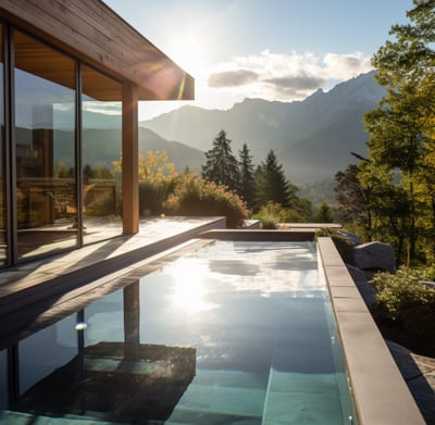 the outdoor pool and deck of a vacation rental in the French Alps