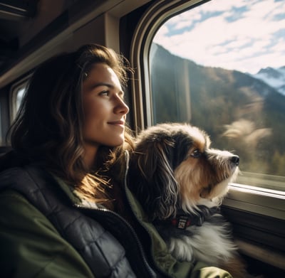 woman and her dog looking out at the alps from their train window