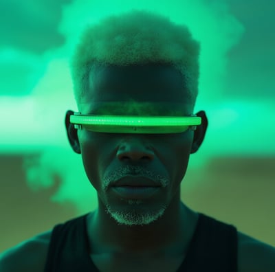 a man with a green light up in front of a green background
