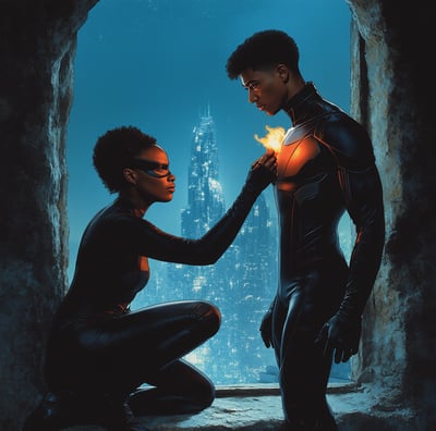 two superheros sharing an intimate moment