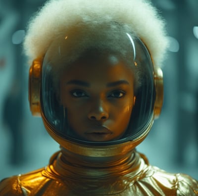 a woman in a gold helmet