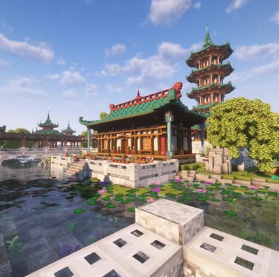 Minecraft Chinese temple build with pond, used in cultural learning project for kids