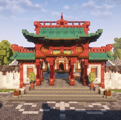 Minecraft education class project featuring traditional Chinese palace or temple build