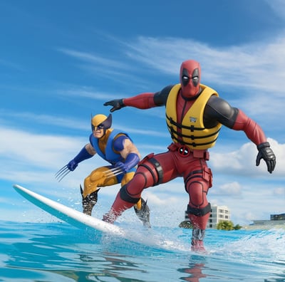 deadpool and wolverine surfing