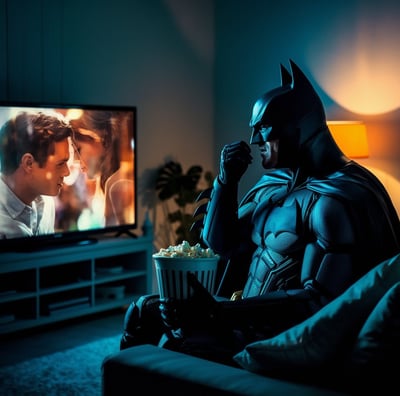 sad batman crying watching a romantic movie while eating popcorn
