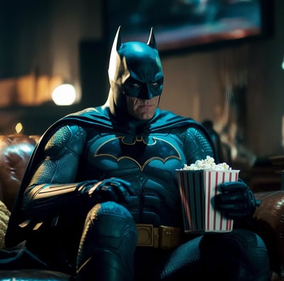 sad batman eating popcorn on a couch