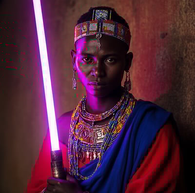 a maasai warrior with a lightsaber