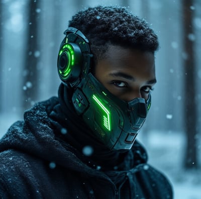 a man in a green mask with a green light on his face