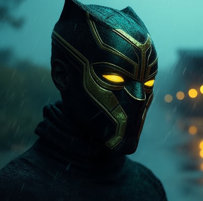 a man in a black panther mask