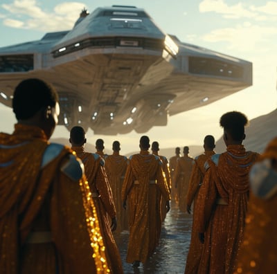 an afrofuturism image of a group of people in gold robes and gold robes