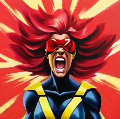an x-men painting of a woman in a red mask and red goggles